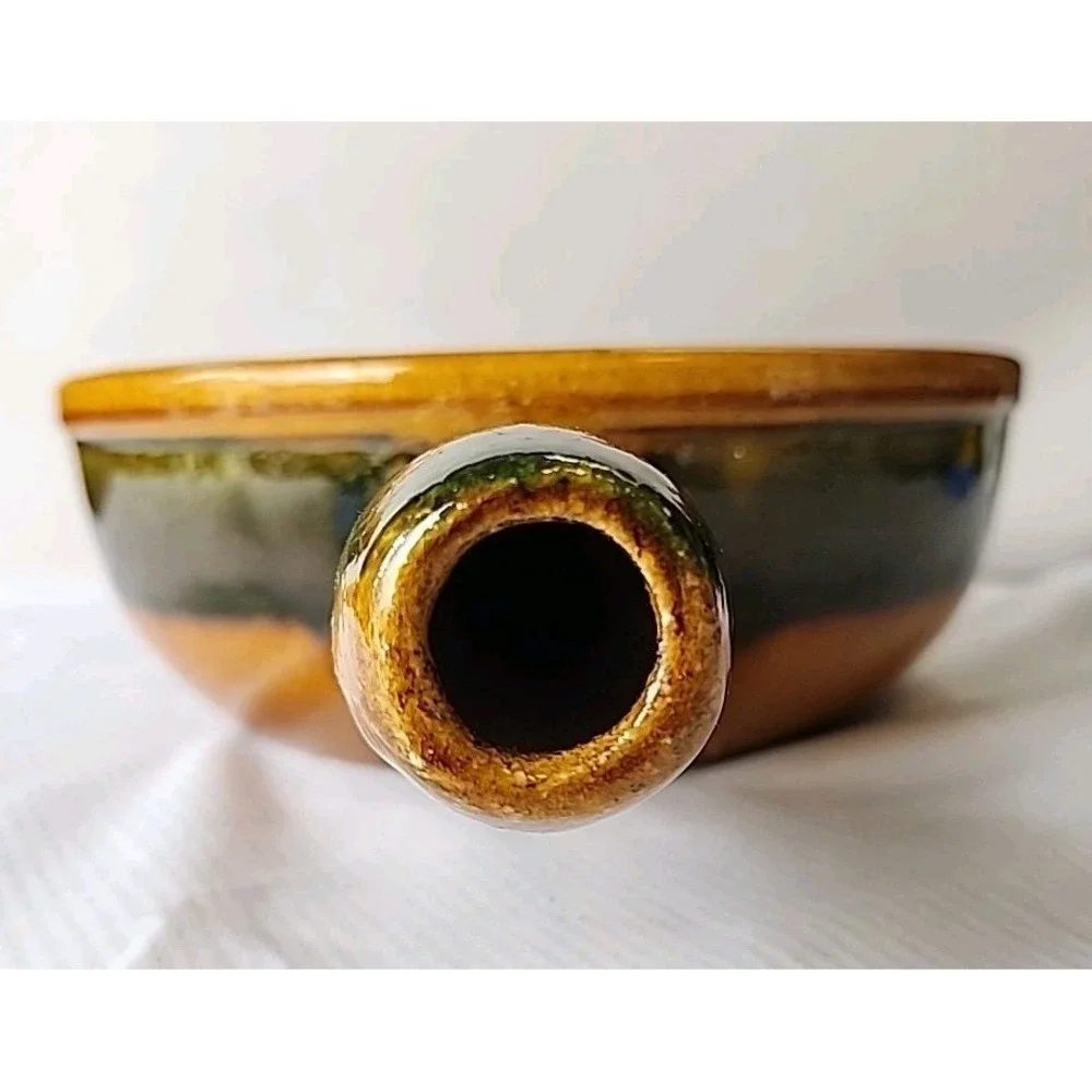 VTG Landert 20 MCM 70s‎ Swiss Stoneware Fondue Pot Brown w/Moss Green Stripe EUC